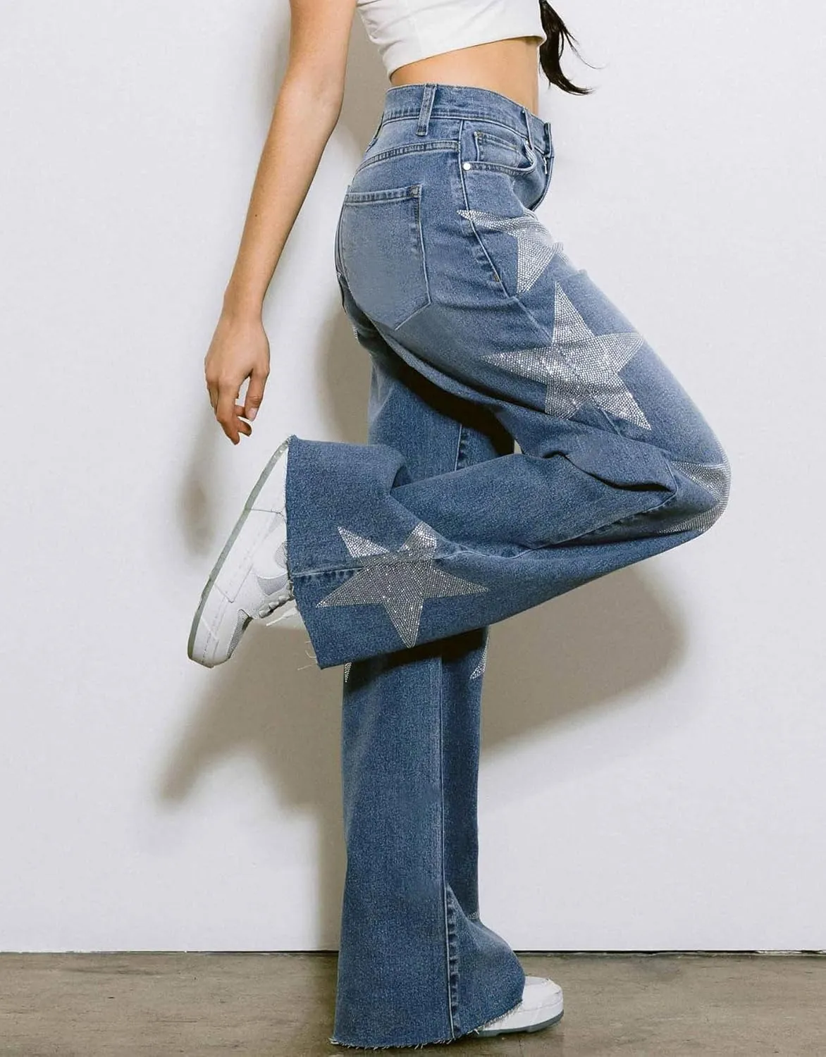 Women's High Waist Rhinestone Denim Pants Star Baggy Straight Wide Leg Jeans Y2k E-Girl Jeans Streetwear