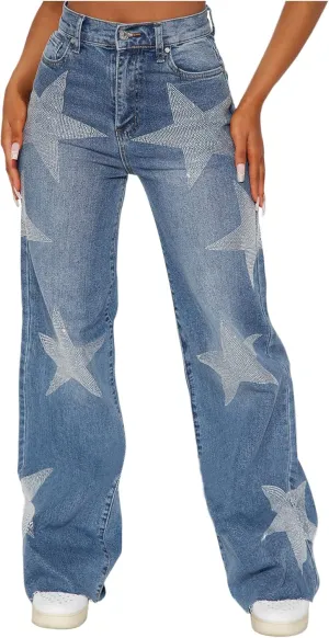 Women's High Waist Rhinestone Denim Pants Star Baggy Straight Wide Leg Jeans Y2k E-Girl Jeans Streetwear