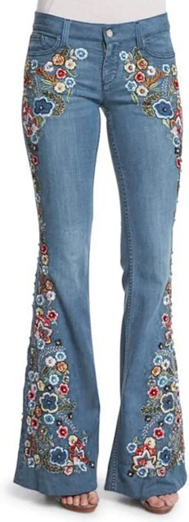 Womens High Waist Vintage Pants Casual Straight Leg Baggy Trousers Casual Loose Wide Leg Floral Print Jeans Streetwear