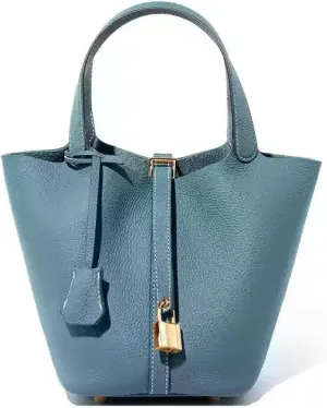 Women's Leather Bucket Bag Old Trend Lychee Drawstring Soft Basket Tote Bag