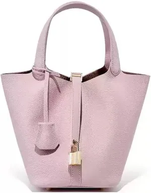 Women's Leather Bucket Bag Old Trend Lychee Drawstring Soft Basket Tote Bag