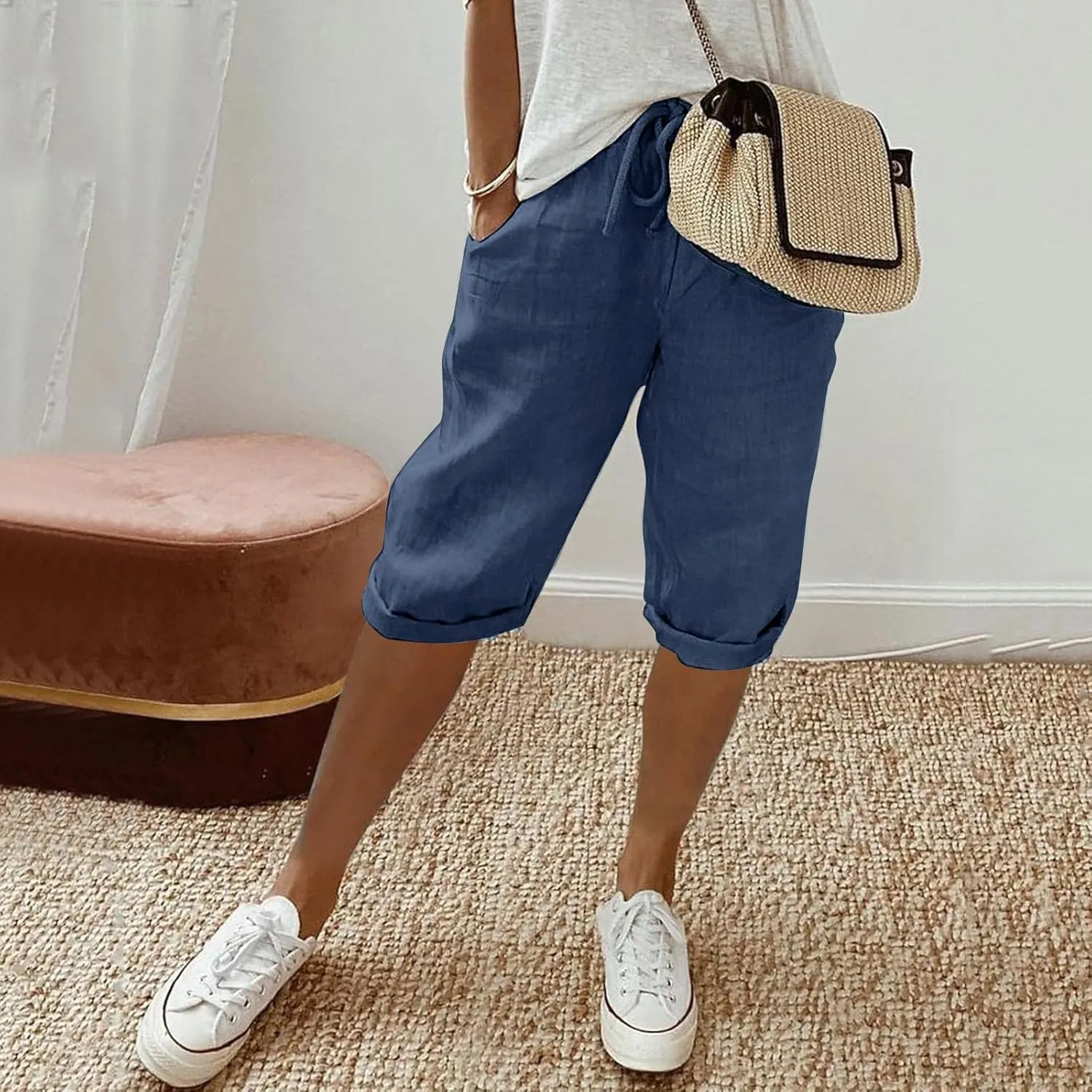 Women's Linen Capris 2025 Summer Casual Plus Size Pants Elastic High Waisted Drawstring Rolled Hem Shorts with Pockets