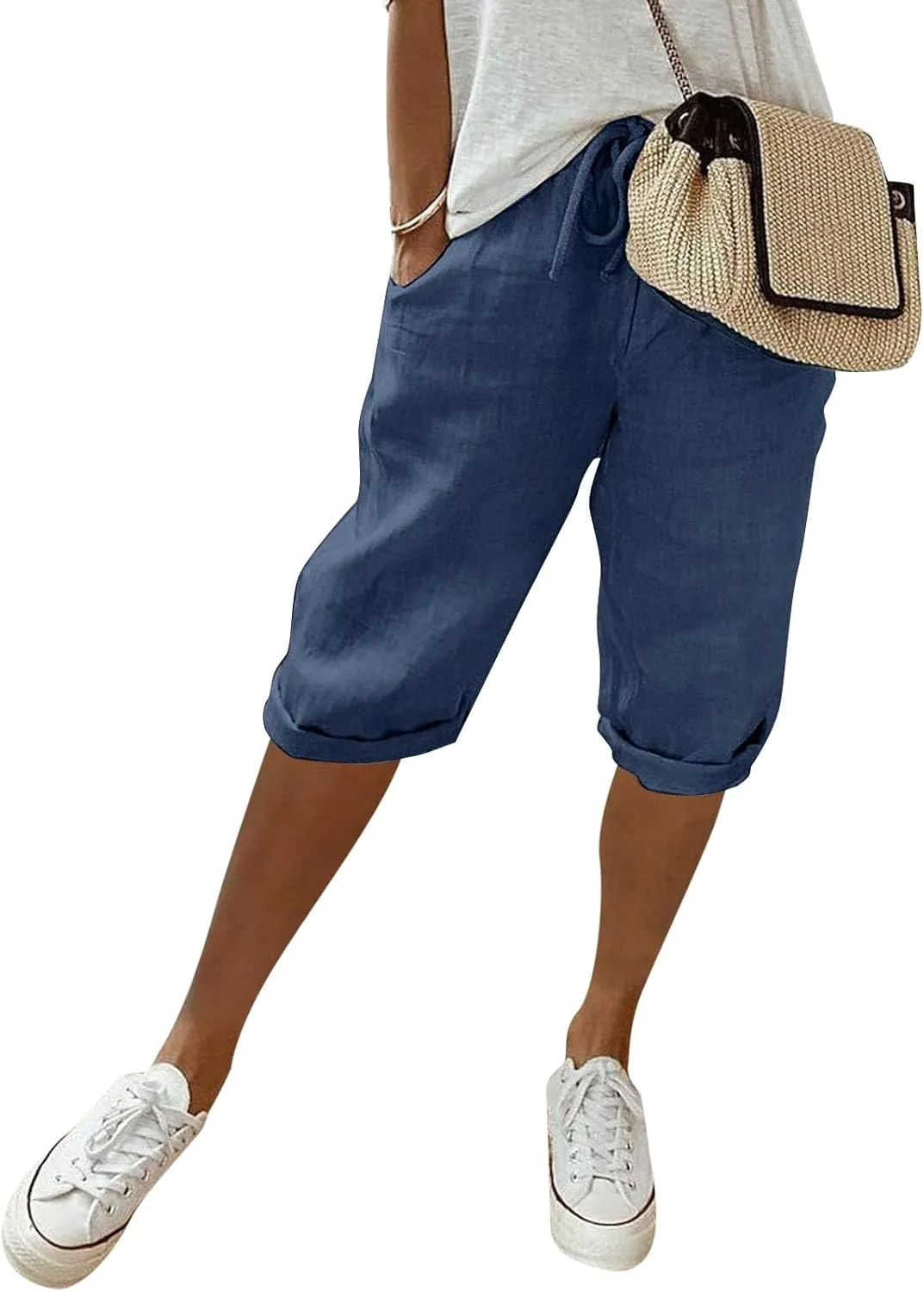Women's Linen Capris 2025 Summer Casual Plus Size Pants Elastic High Waisted Drawstring Rolled Hem Shorts with Pockets