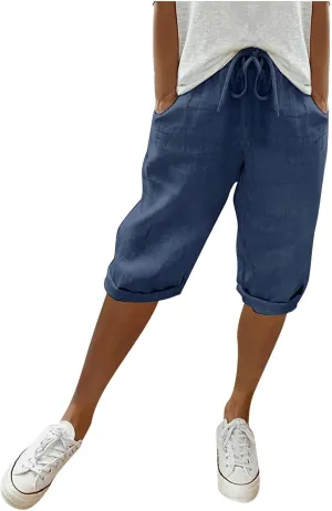 Women's Linen Capris 2025 Summer Casual Plus Size Pants Elastic High Waisted Drawstring Rolled Hem Shorts with Pockets