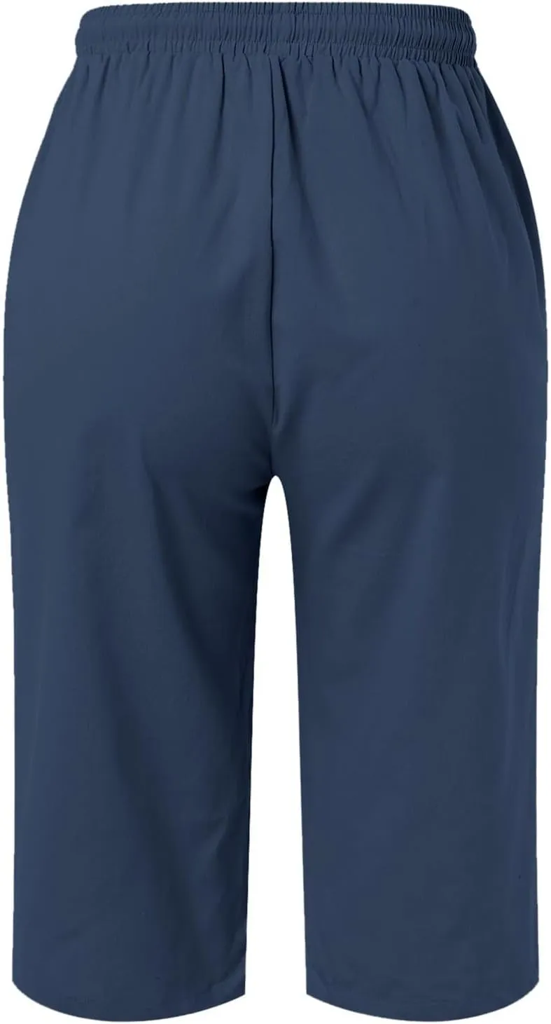 Women's Linen Capris 2025 Summer Casual Plus Size Pants Elastic High Waisted Drawstring Rolled Hem Shorts with Pockets