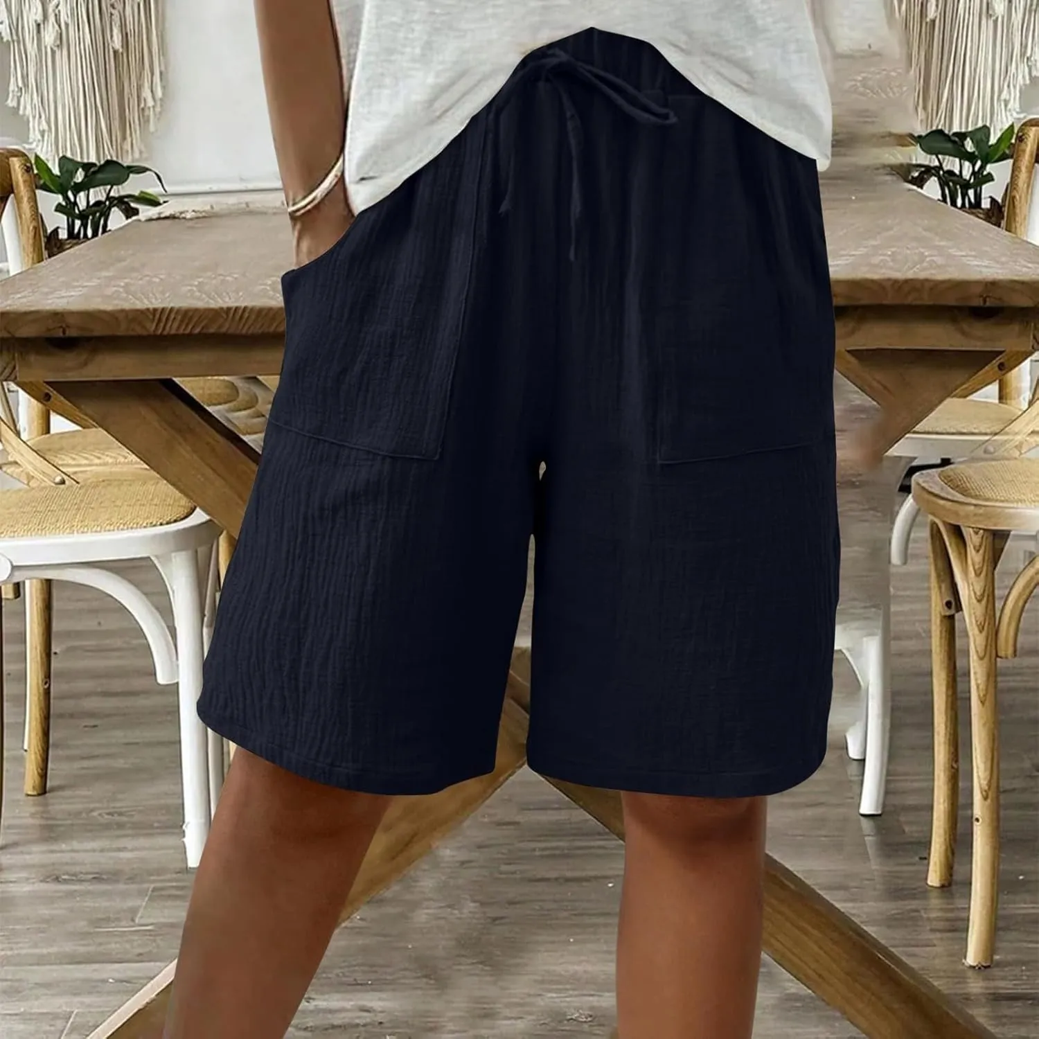 Women's Linen Shorts Elastic Waist Drawstring Bermuda Shorts for Women Knee Length Summer Casual Beach Clothes 2025