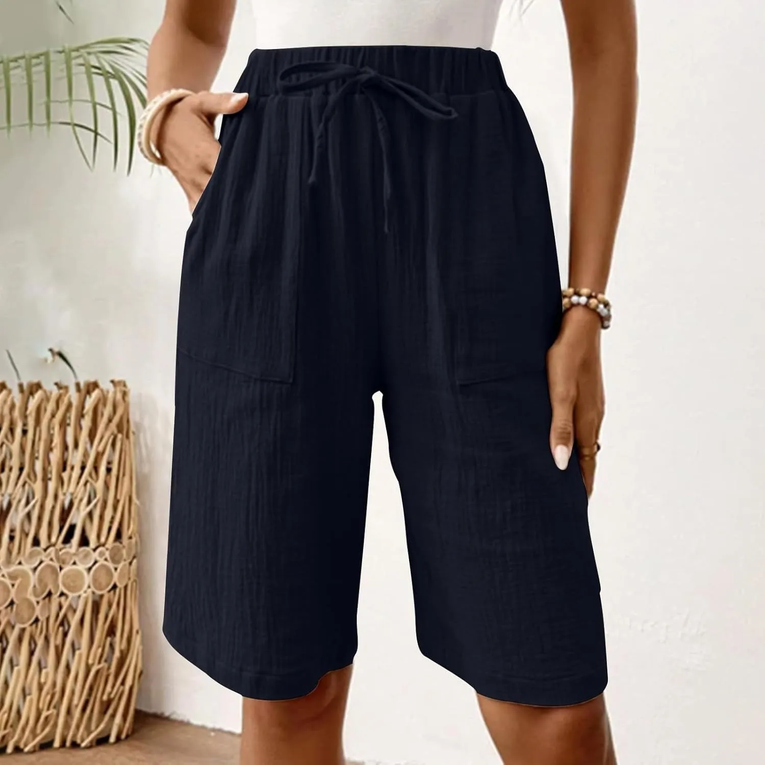 Women's Linen Shorts Elastic Waist Drawstring Bermuda Shorts for Women Knee Length Summer Casual Beach Clothes 2025