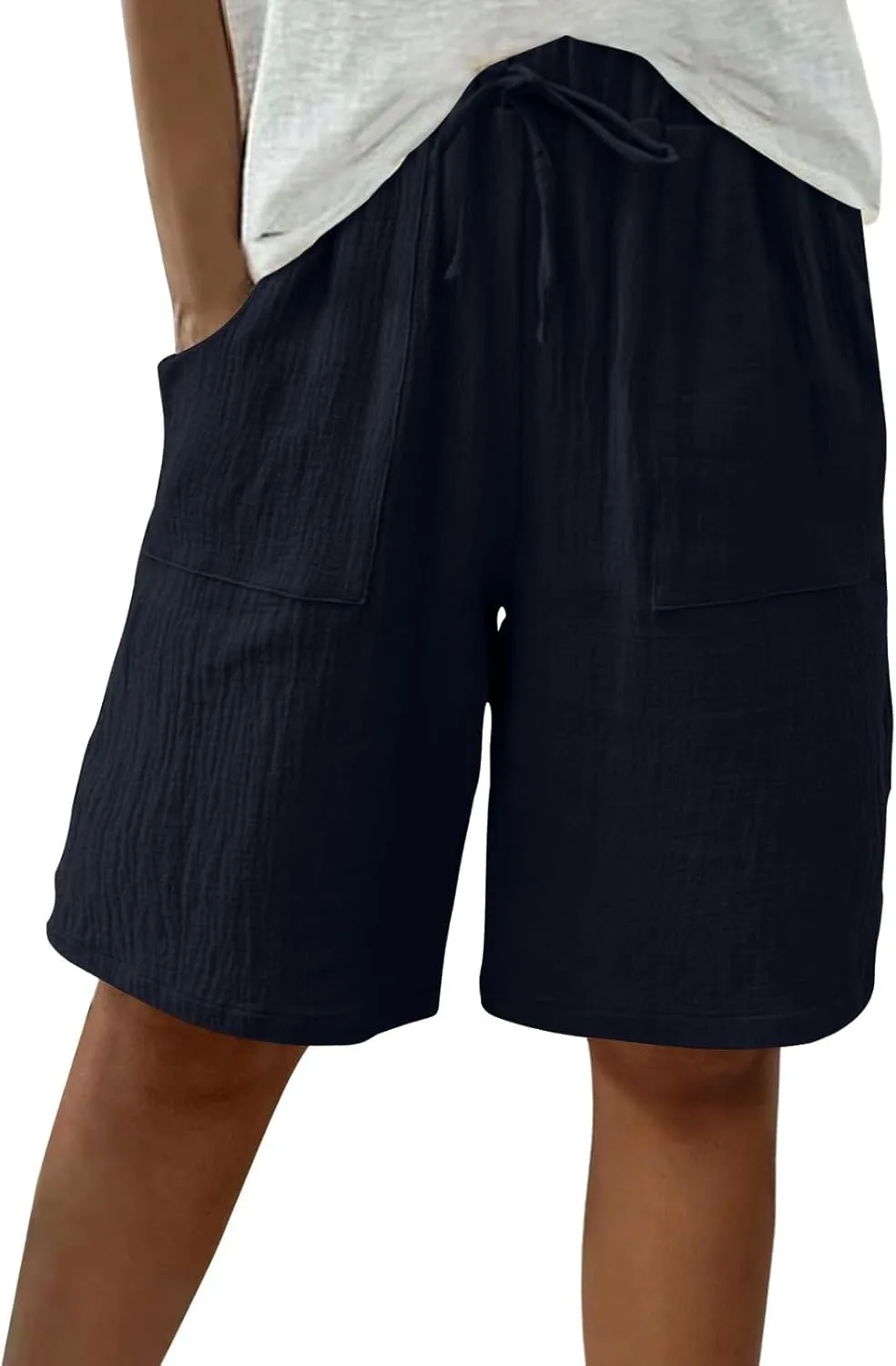 Women's Linen Shorts Elastic Waist Drawstring Bermuda Shorts for Women Knee Length Summer Casual Beach Clothes 2025