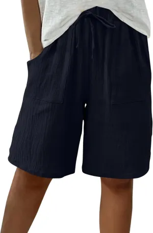 Women's Linen Shorts Elastic Waist Drawstring Bermuda Shorts for Women Knee Length Summer Casual Beach Clothes 2025