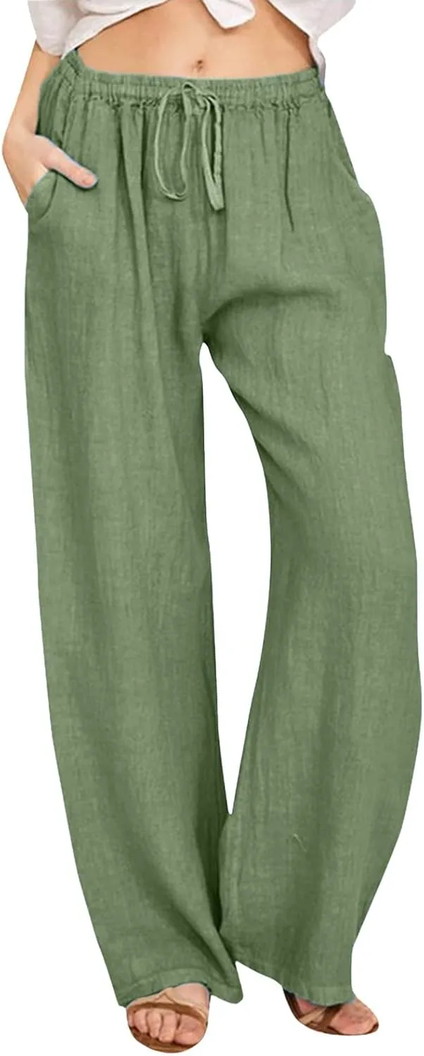 Womens Linen Summer Loose Pant Trousers Low Waist Stretchy Straight Loose Fit Trouser Office