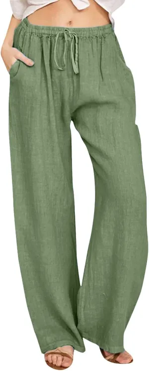 Womens Linen Summer Loose Pant Trousers Low Waist Stretchy Straight Loose Fit Trouser Office