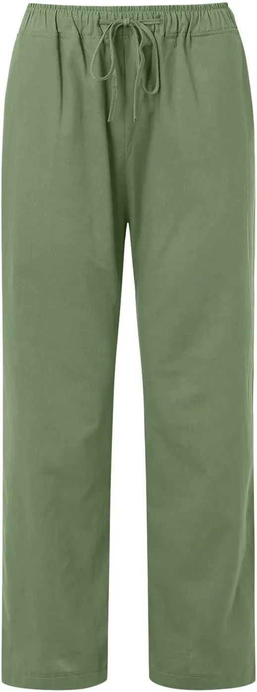 Womens Linen Summer Loose Pant Trousers Low Waist Stretchy Straight Loose Fit Trouser Office