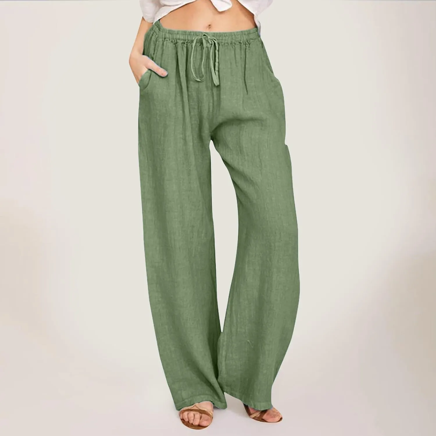 Womens Linen Summer Loose Pant Trousers Low Waist Stretchy Straight Loose Fit Trouser Office