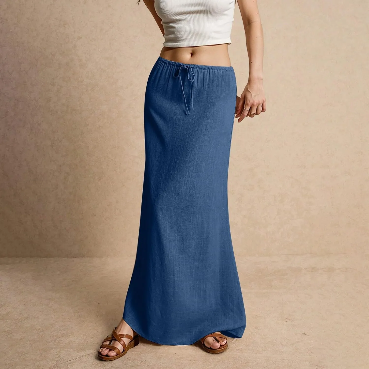 Women's Long Skirts 2025 Boho Summer Elastic Waist Solid Tie Athletic Maxi Skirt with Pockets Trendy, S-2XL