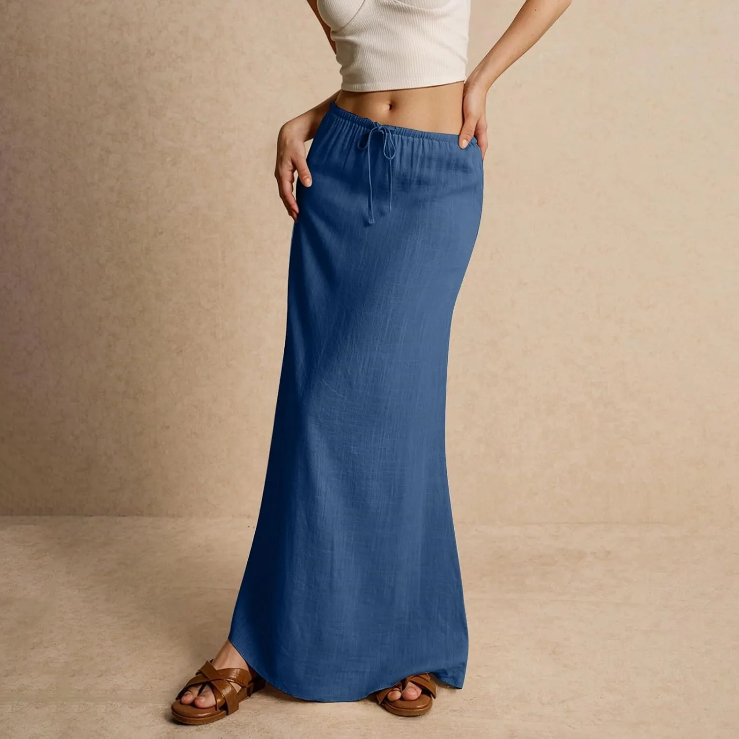 Women's Long Skirts 2025 Boho Summer Elastic Waist Solid Tie Athletic Maxi Skirt with Pockets Trendy, S-2XL