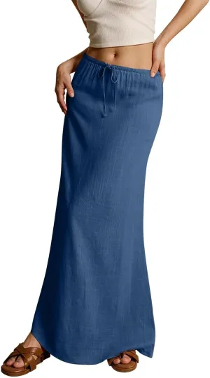 Women's Long Skirts 2025 Boho Summer Elastic Waist Solid Tie Athletic Maxi Skirt with Pockets Trendy, S-2XL