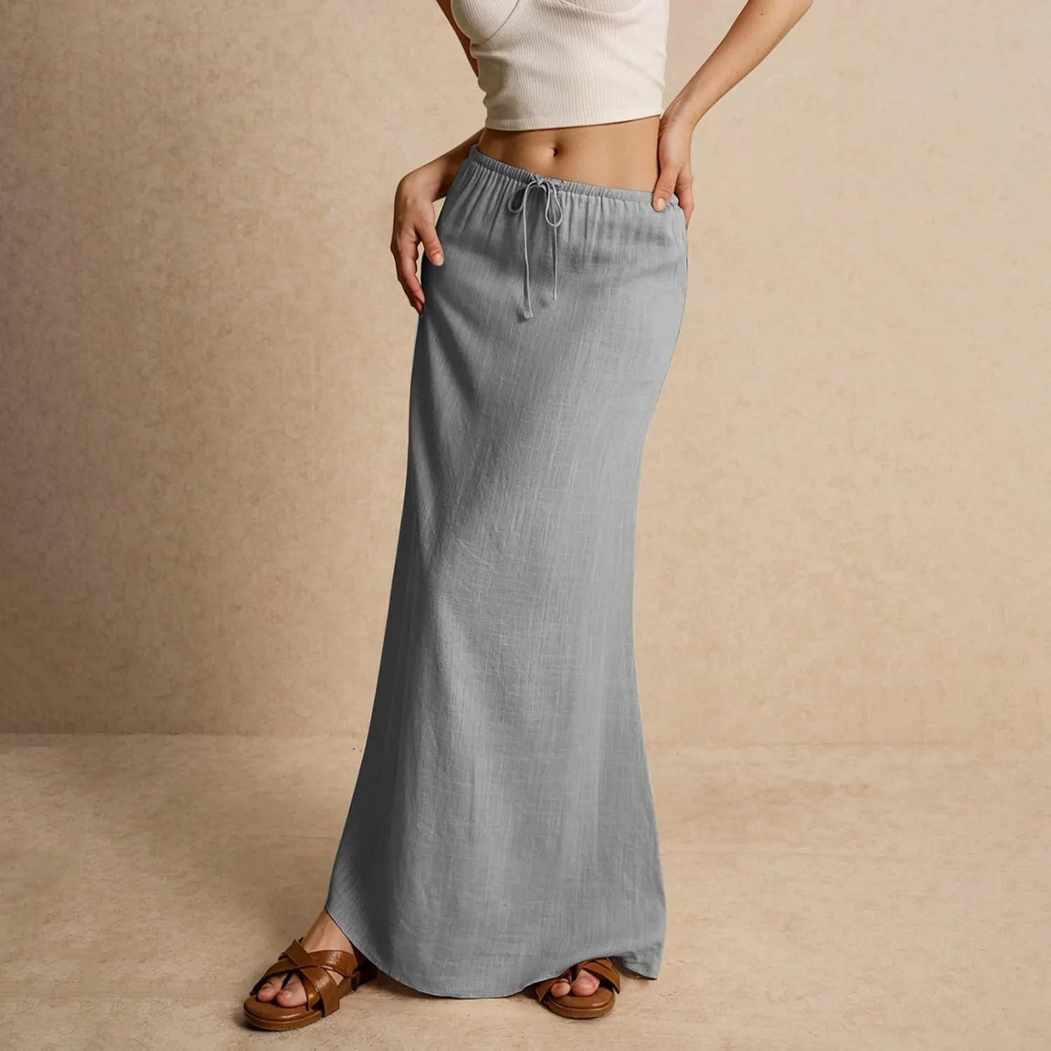 Women's Long Skirts 2025 Boho Summer Elastic Waist Solid Tie Athletic Maxi Skirt with Pockets Trendy, S-2XL