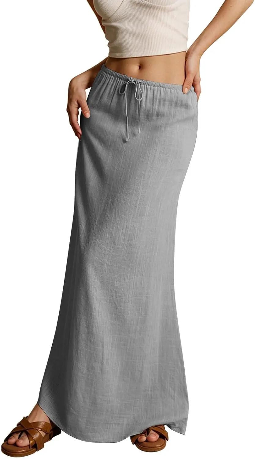 Women's Long Skirts 2025 Boho Summer Elastic Waist Solid Tie Athletic Maxi Skirt with Pockets Trendy, S-2XL