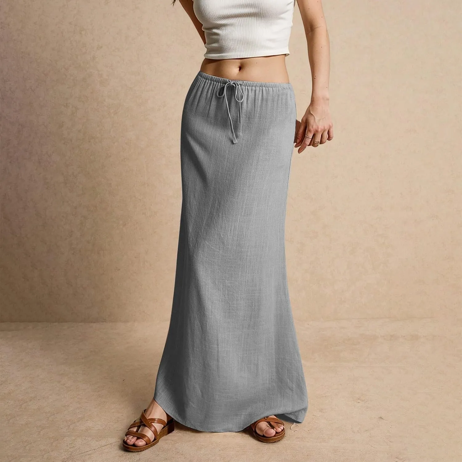 Women's Long Skirts 2025 Boho Summer Elastic Waist Solid Tie Athletic Maxi Skirt with Pockets Trendy, S-2XL