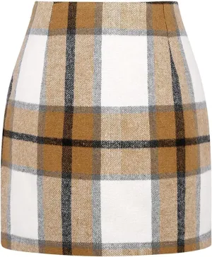 Womens Plaid Skirts Fall Winter Wool Bodycon Pencil Skirts Casual Tweed Trendy A Line Mini Skirts