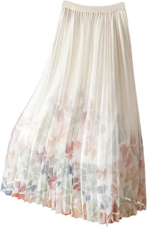 Womens Pleated Midi Skirt Tulle Tutu Graphic Print Elastic Waist A-Line Mesh Summer Long Flowy Skirts