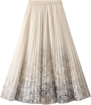 Womens Pleated Midi Skirt Tulle Tutu Graphic Print Elastic Waist A-Line Mesh Summer Long Flowy Skirts