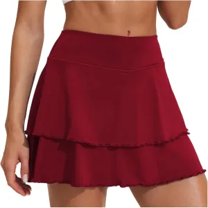 Womens Pleated Tennis Skirt Double Ruffle Flowy Golf Skort High Waisted Tummy Control Gym Running Athletic Skirts Wine XXL