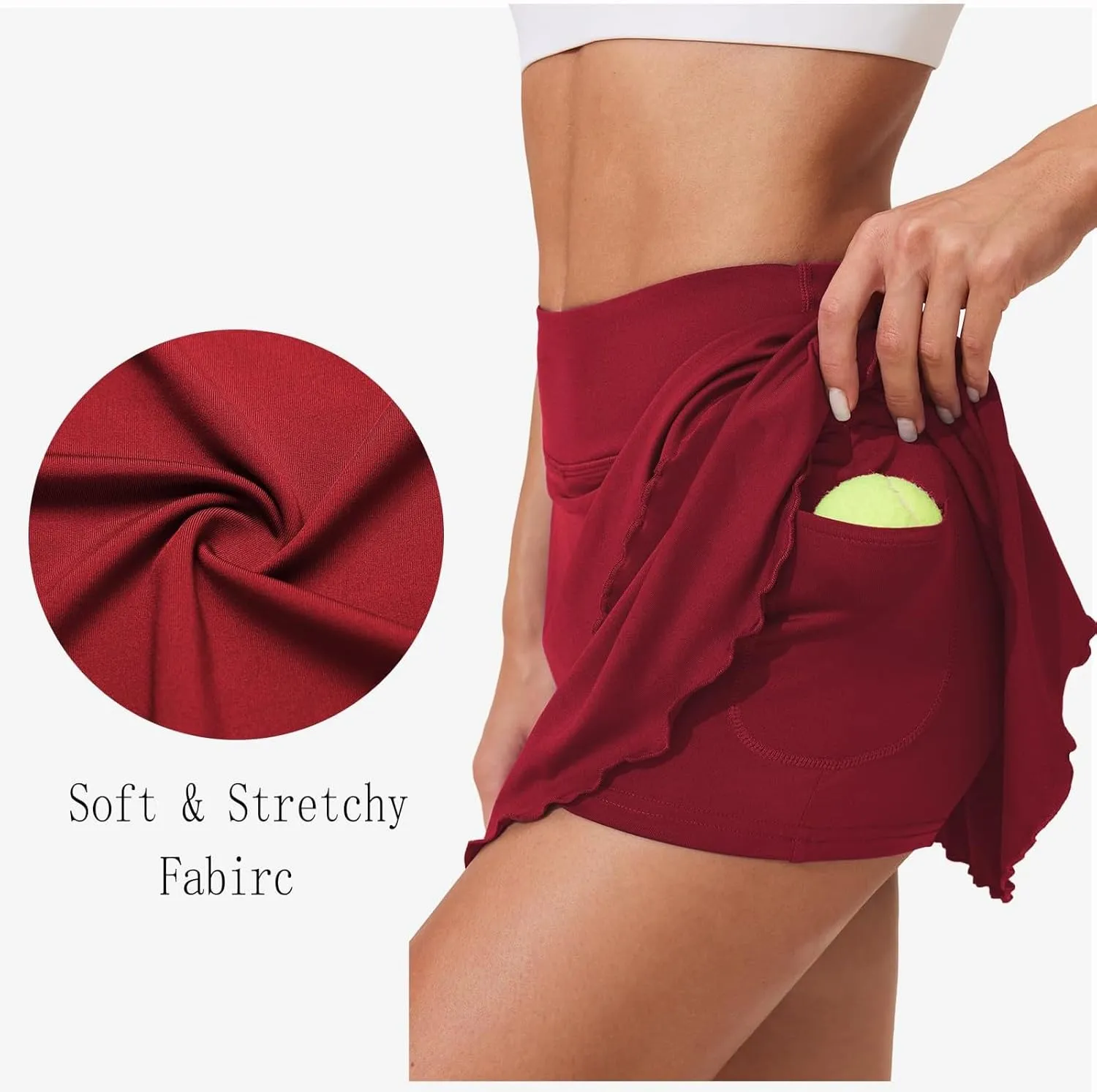 Womens Pleated Tennis Skirt Double Ruffle Flowy Golf Skort High Waisted Tummy Control Gym Running Athletic Skirts Wine XXL