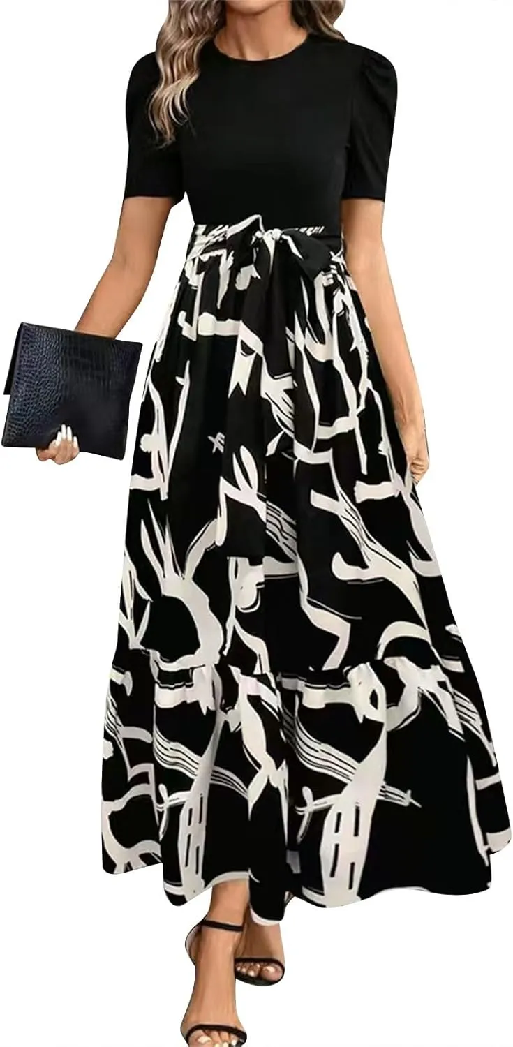 Women's Ruffle Short Sleeve Casual Maxi Dress Summer 2025 Dresses with Pockets Floral Printed Long Flowy Dresses