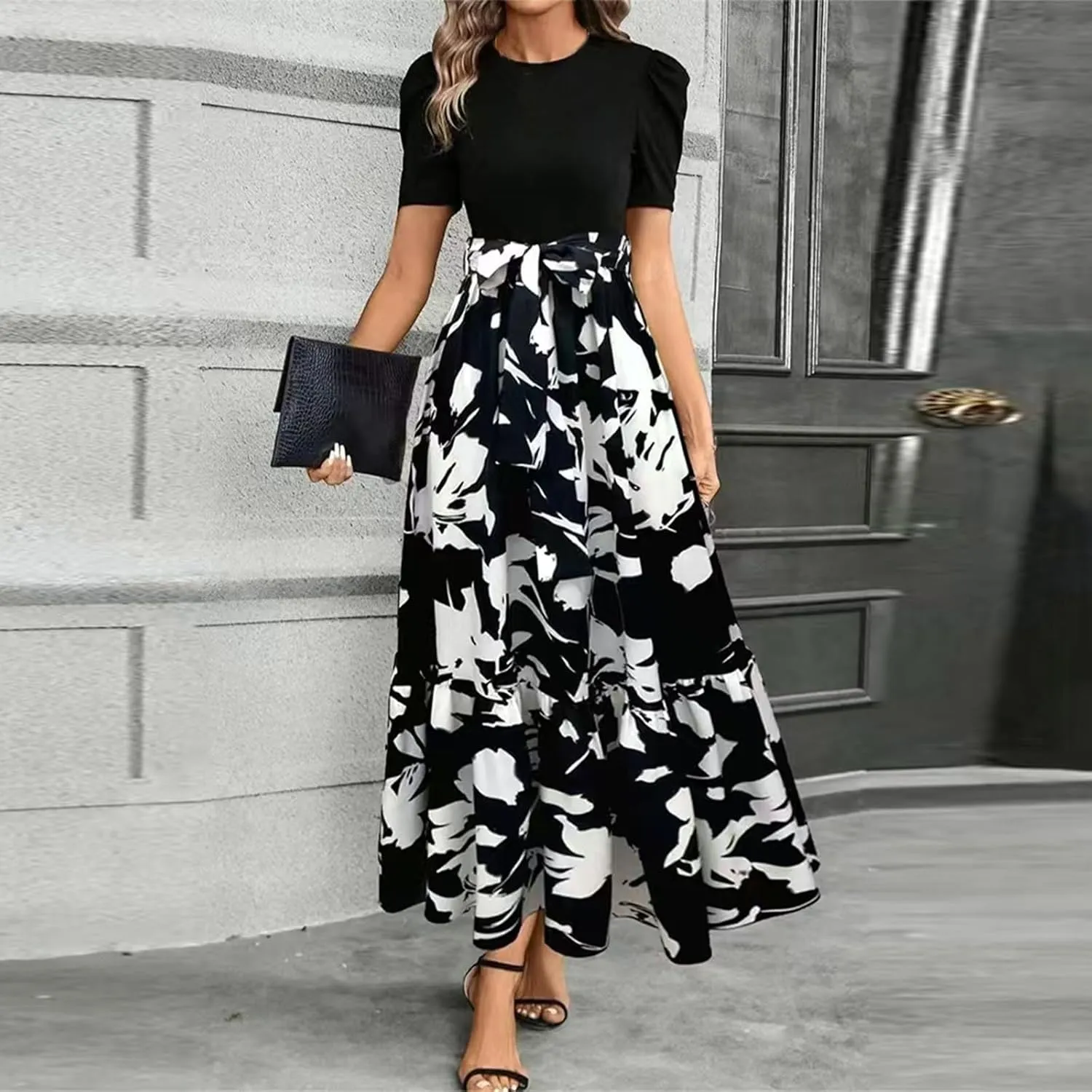 Women's Ruffle Short Sleeve Casual Maxi Dress Summer 2025 Dresses with Pockets Floral Printed Long Flowy Dresses