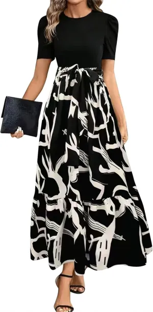 Women's Ruffle Short Sleeve Casual Maxi Dress Summer 2025 Dresses with Pockets Floral Printed Long Flowy Dresses