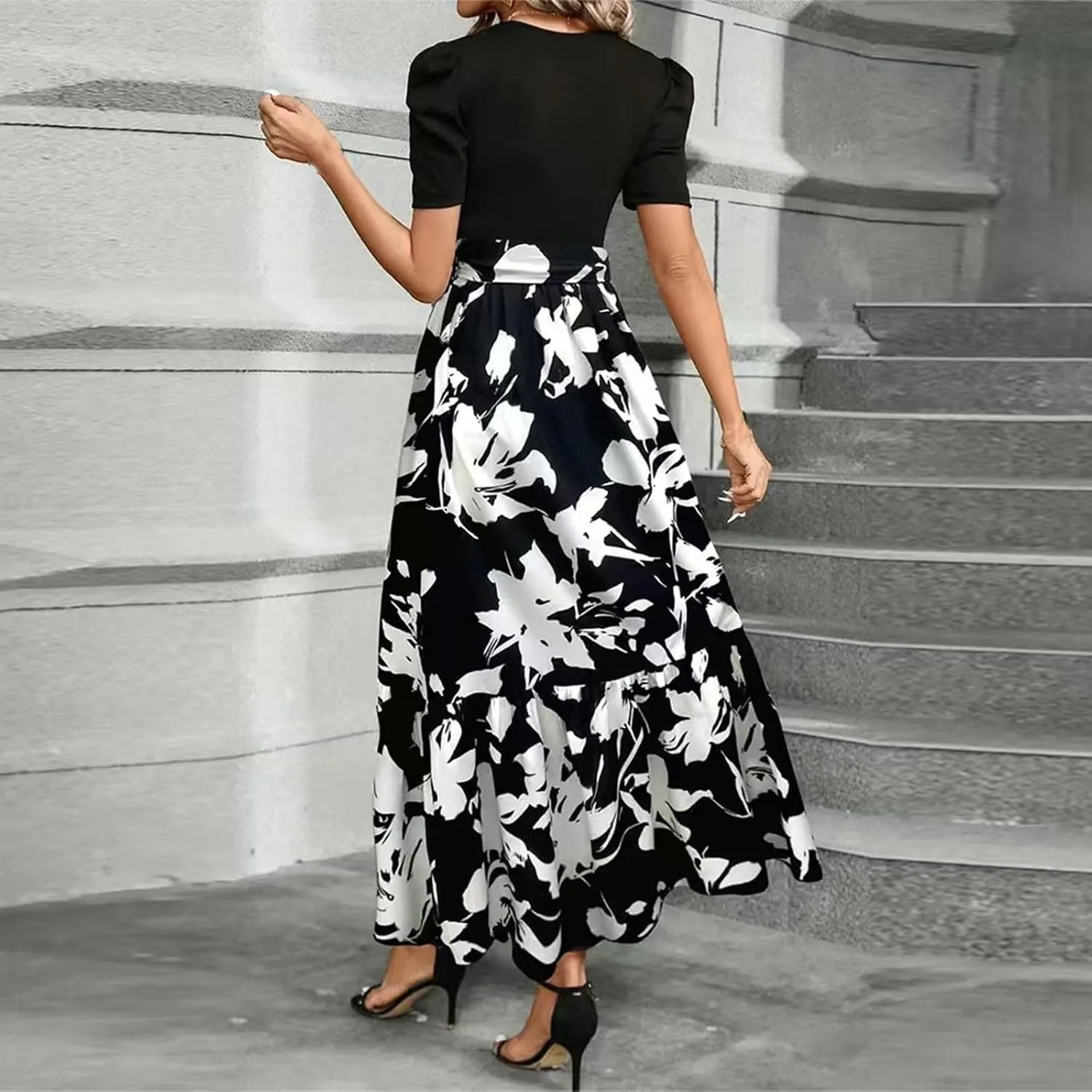 Women's Ruffle Short Sleeve Casual Maxi Dress Summer 2025 Dresses with Pockets Floral Printed Long Flowy Dresses