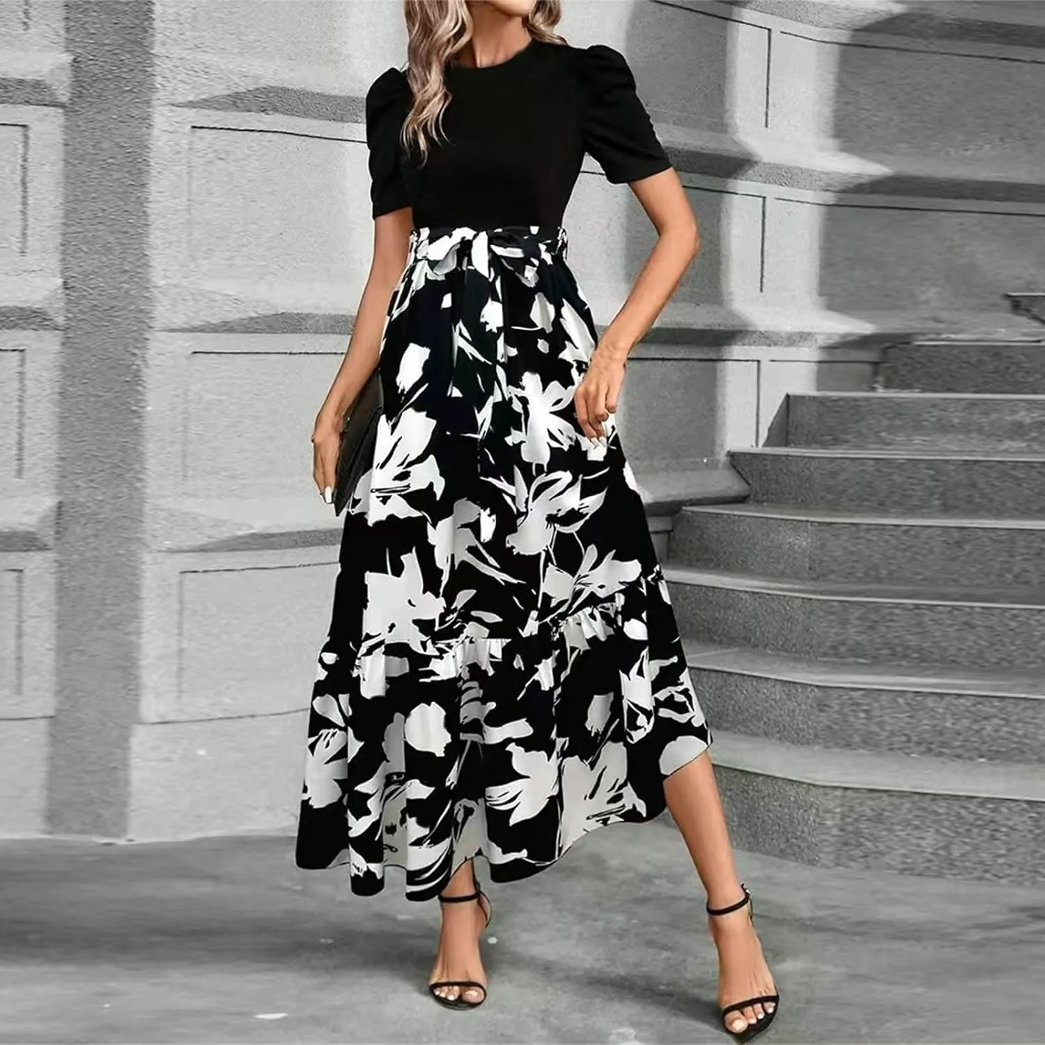 Women's Ruffle Short Sleeve Casual Maxi Dress Summer 2025 Dresses with Pockets Floral Printed Long Flowy Dresses
