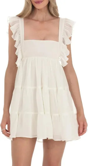 Women's Ruffle Straps Mini Dress Sleeveless Open Back Square Neck Flowy Dresses Y2k Solid A Line Babydoll Dress