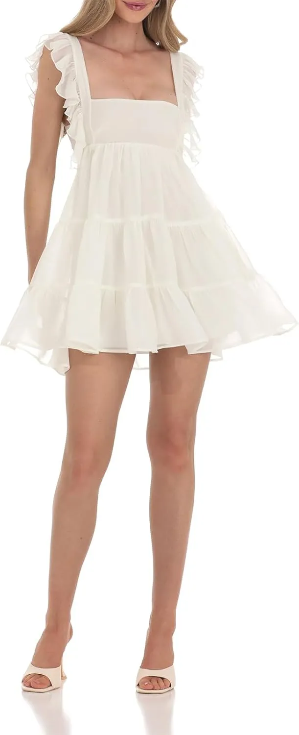 Women's Ruffle Straps Mini Dress Sleeveless Open Back Square Neck Flowy Dresses Y2k Solid A Line Babydoll Dress