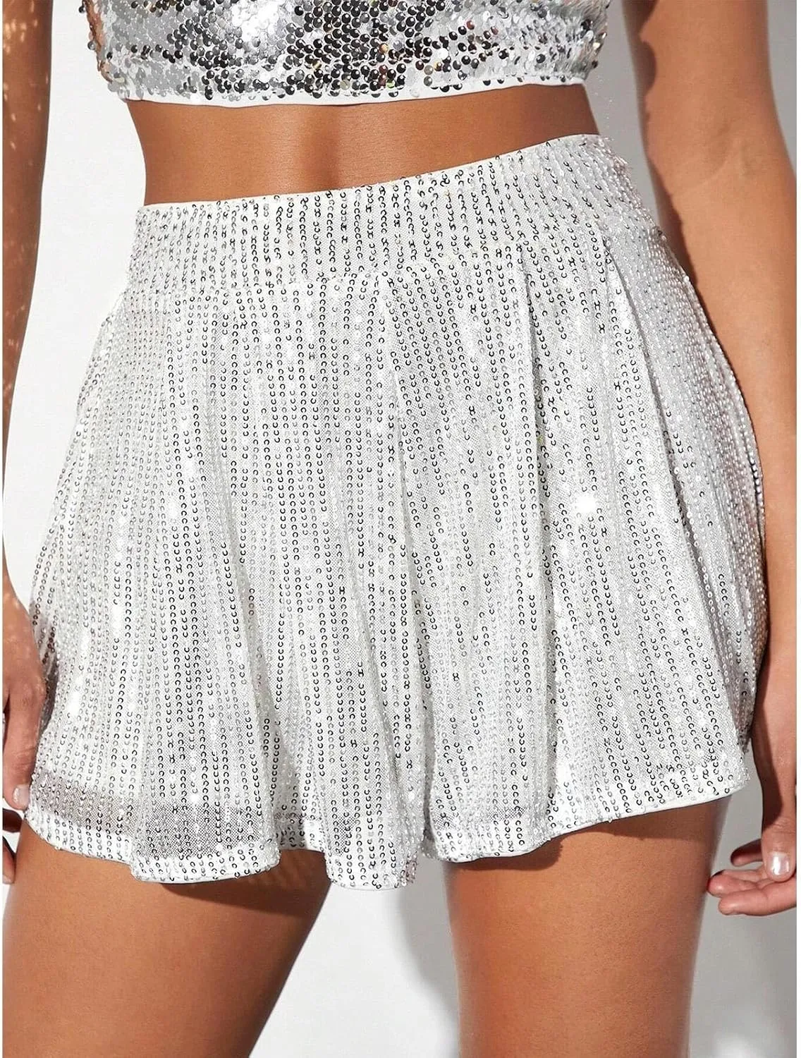 Women's Sequin Glitter High Waisted Skirt Shorts Sparkly A Line Skort Girls Denim Skirt