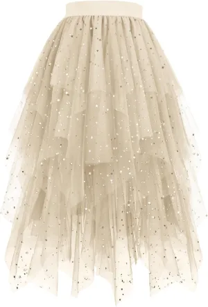 Women's Sequin Skirts A-Line Tiered Mesh Layered Asymmetrical Hem Tutu Tulle Cocktail Party Evening Prom Midi Skirt