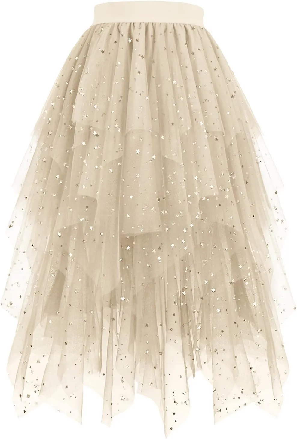 Women's Sequin Skirts A-Line Tiered Mesh Layered Asymmetrical Hem Tutu Tulle Cocktail Party Evening Prom Midi Skirt