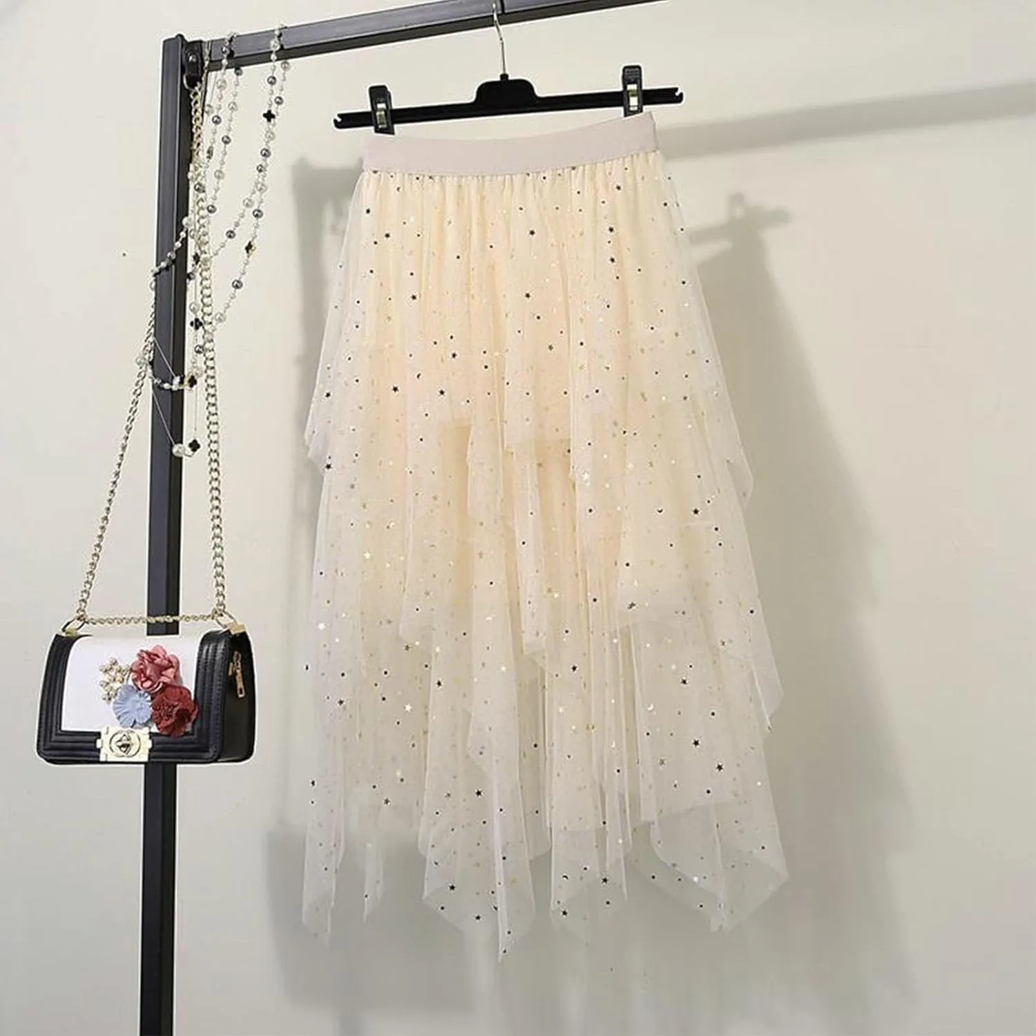 Women's Sequin Skirts A-Line Tiered Mesh Layered Asymmetrical Hem Tutu Tulle Cocktail Party Evening Prom Midi Skirt