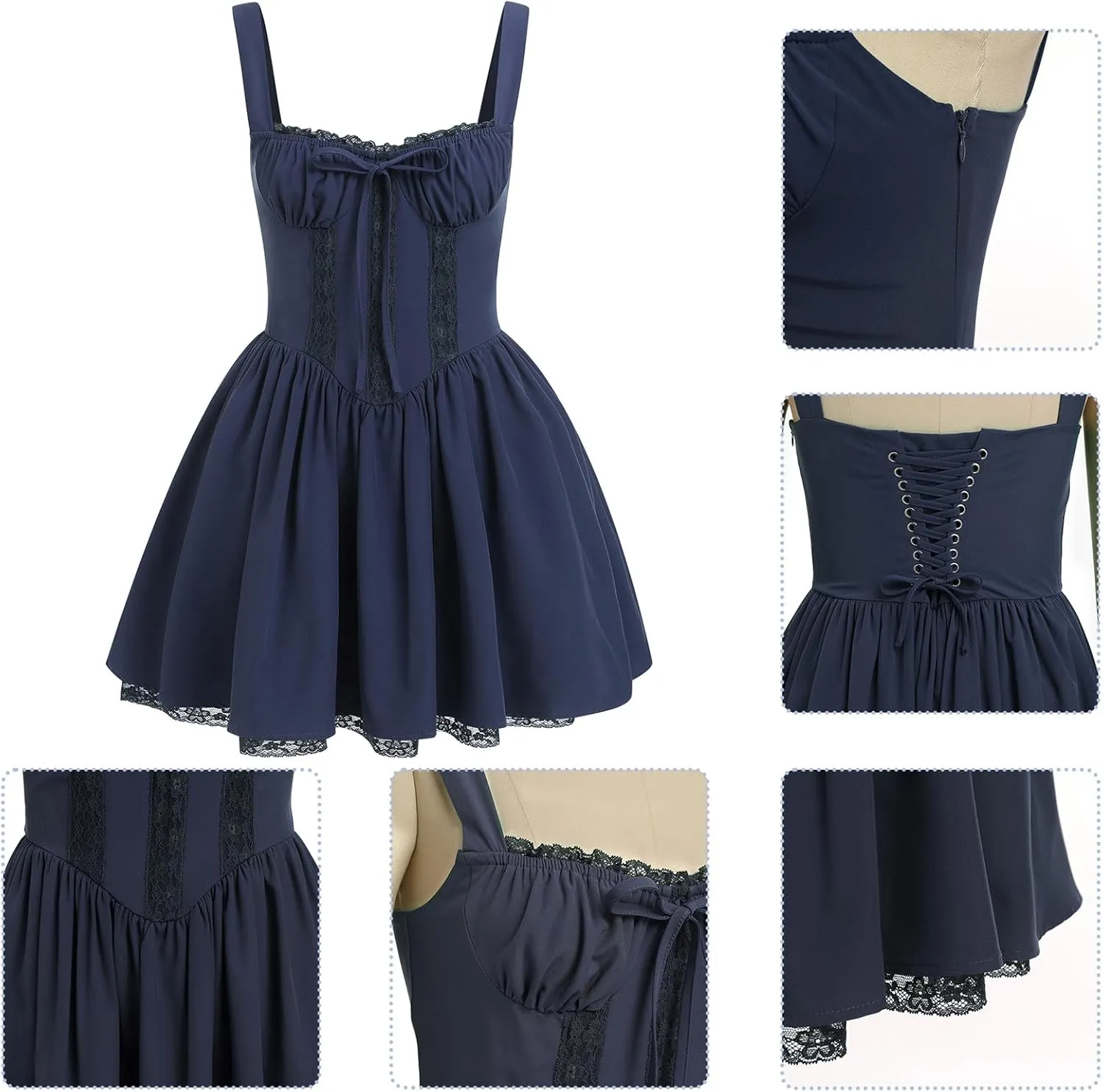 Women's Short Corset Sundress Boho Mini Dress Sleeveless Backless Low Cut Lace Dress Summer