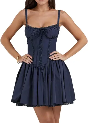 Women's Short Corset Sundress Boho Mini Dress Sleeveless Backless Low Cut Lace Dress Summer