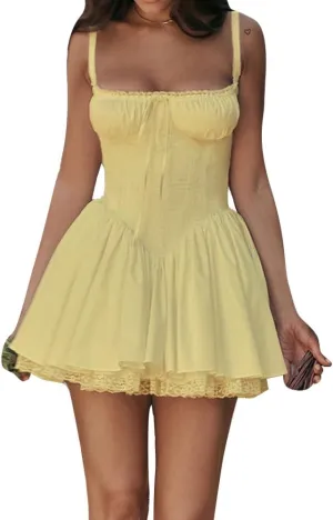 Women's Short Corset Sundress Boho Mini Dress Sleeveless Backless Low Cut Lace Dress Summer