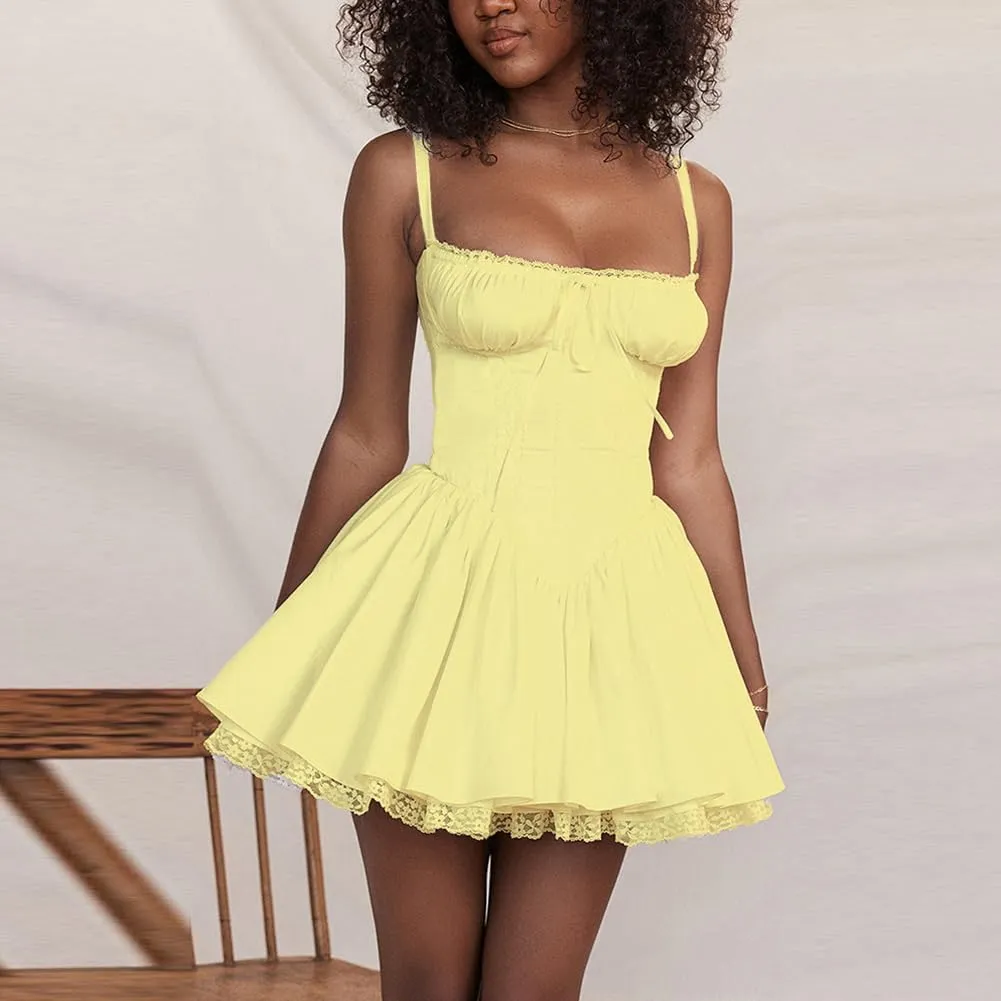 Women's Short Corset Sundress Boho Mini Dress Sleeveless Backless Low Cut Lace Dress Summer