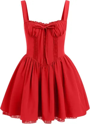 Women's Short Corset Sundress Boho Mini Dress Sleeveless Backless Low Cut Lace Dress Summer