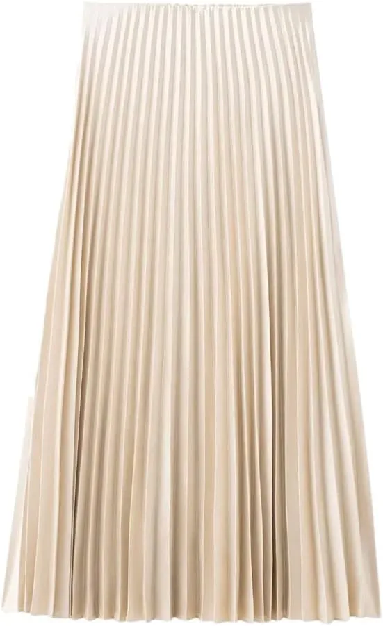 Women's Silk Satin Solid Pleated Midi Skirt Women Vintage High Waist Skirts