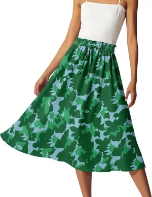 Womens Skirts Midi Length Flowy Summer Drawstring Elastic High Waist Knee Skirt A Line Floral Pleated Skirts