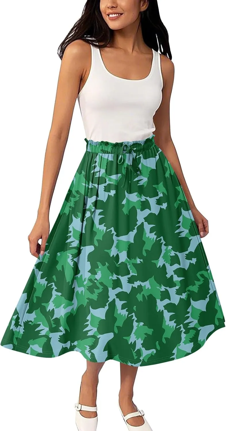 Womens Skirts Midi Length Flowy Summer Drawstring Elastic High Waist Knee Skirt A Line Floral Pleated Skirts