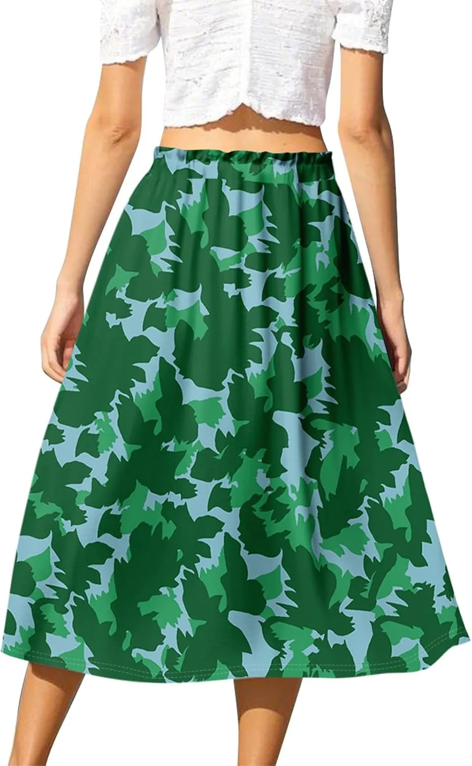 Womens Skirts Midi Length Flowy Summer Drawstring Elastic High Waist Knee Skirt A Line Floral Pleated Skirts