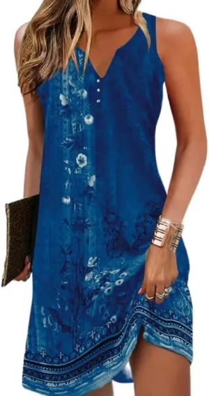 Women's Summer Boho Floral Button Mini Dress Casual Loose Sleeveless V Neck Beach Vacation Sundress