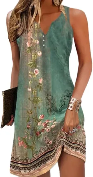 Women's Summer Boho Floral Button Mini Dress Casual Loose Sleeveless V Neck Beach Vacation Sundress